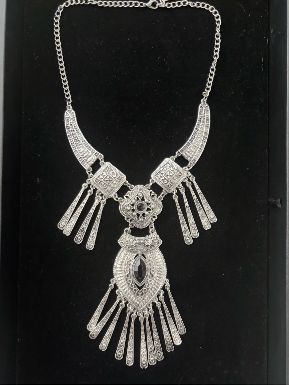 Silver-Tone Boho Fringe Statement Necklace - Elegant Women's Jewelry